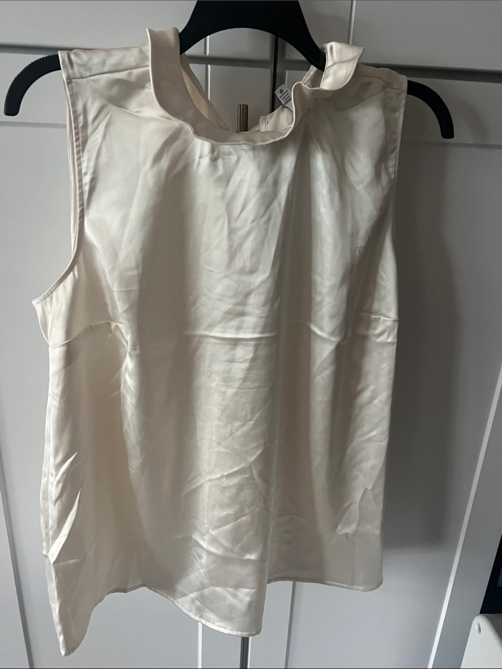 Sleeveless Cream Satin Ruffle-Neck Top